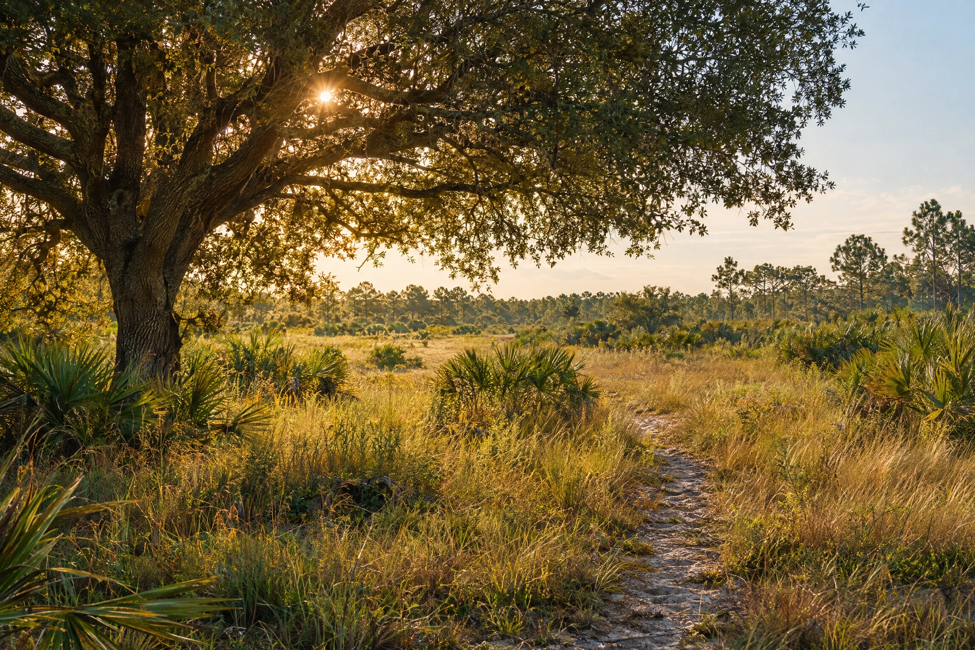 Illustrative sunlit Florida acreage with a mature live oak